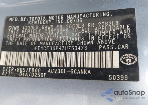 2007 Toyota Camry Solara Se z USA, uszkodzony, nr VIN 4T1CE30P47U753476